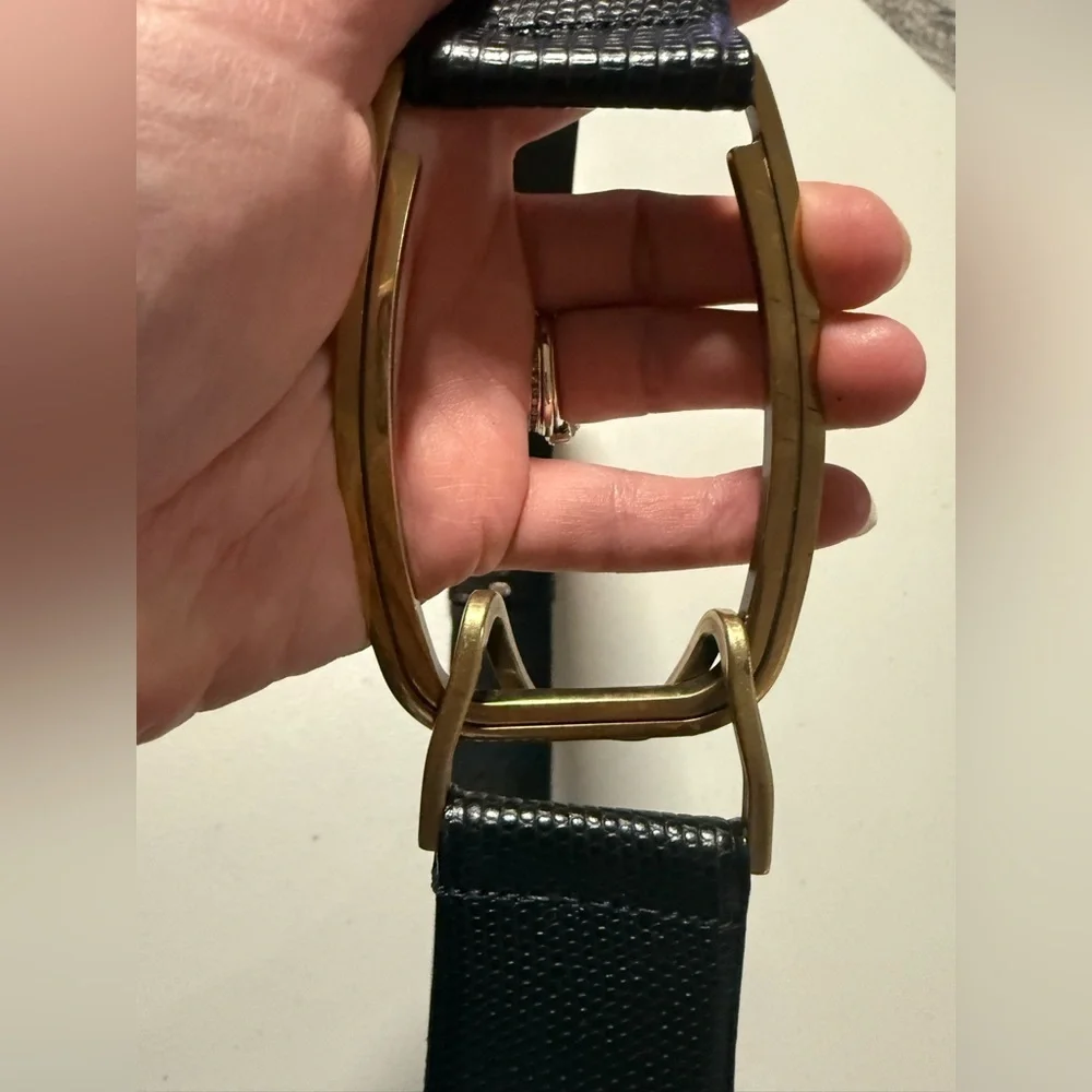 VTG Carlisle Black Leather Reptile Print Brass Accent Belt Size Medium